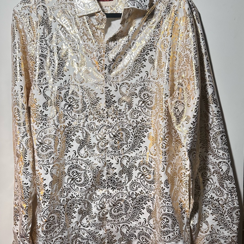 Men’s Consequence Metallic Gold Paisley Button Down Shirt - Size L - Disco/Party